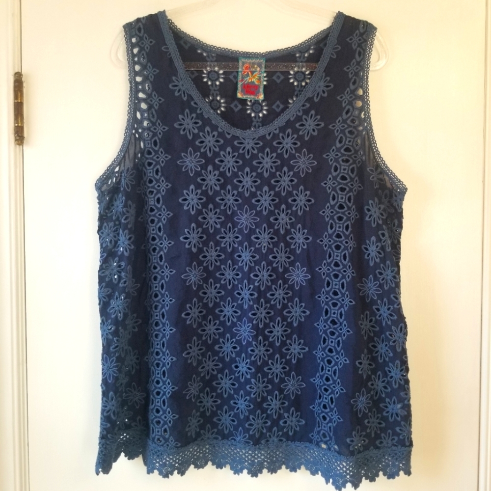 Johnny Was Navy Blue Floral Eyelet Tank Top